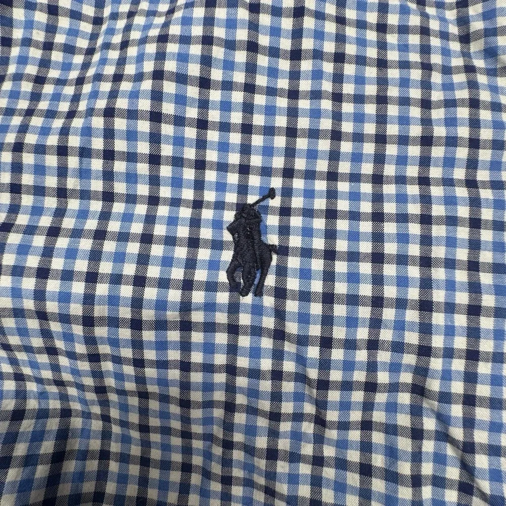 Ralph Lauren Button Up Shirt Boys L 14-16‎ Blue Gingham Pony Logo Preppy